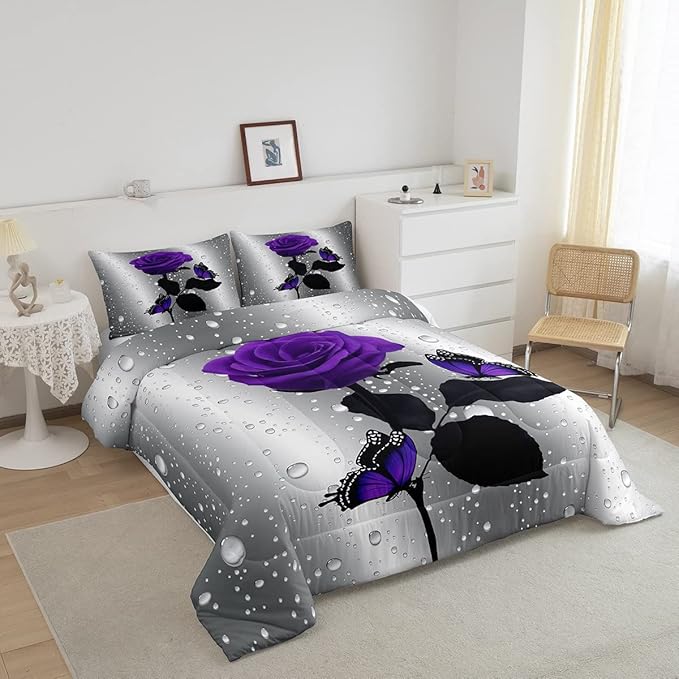 3D Rose Comforter Set Rose Floral Print Bedding Set Romantic Flowers Comforter for Kids Boys Girls Children Teens Bedroom Decor Purple Rose Butterfly Duvet Set Twin Size Quilt Set With 1 Pillow Case