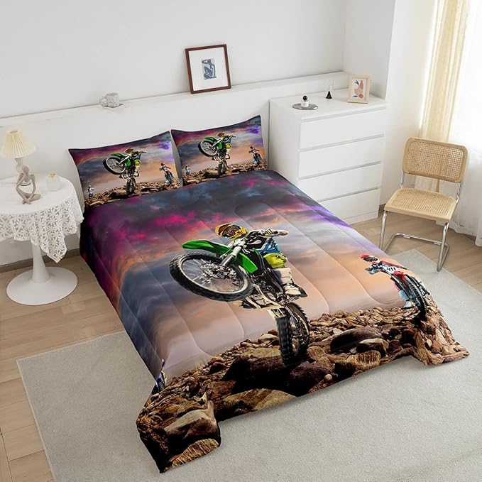 Dirt Bike Comforter Set for Boys Bedroom Motocross Rider Extreme Sports Duvet Insert Mountain Bike Bedding Quilted Set Kids Motorcycle Motorbike Down Comforter,Soft Lightweight for All Season,Twin XL