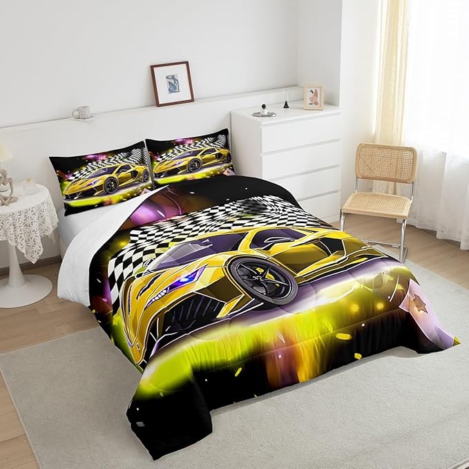 Yellow Sports Car Comforter Sets Full Size, Boys Race Car Bedding for Teens Girls Adult Extreme Speed Race Car Duvet Sets Black and White Grids Print Car Theme Bedroom Decor Quilts