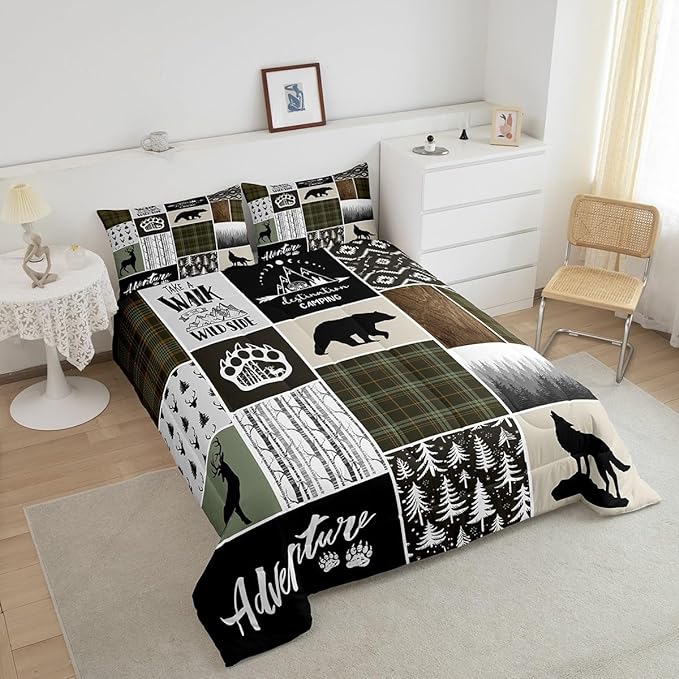Camper Adventure Kids Comforter Set Twin Size,Deer Antlers Bear Paws Rustic Farmhouse Bedding Set for Boys Girls Adults Room Decor,Atzec Arrows Boho Down Comforter,Camo Duvet Insert,1 Pillowcase