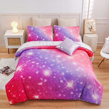A Nice Night 6Pcs Gradient Glitter Bedding Set for Girls, Colorful Rainbow Galaxy Comforter Set, Ultra Soft Bedding Sets (Pink-Purple,Full 6Pcs)