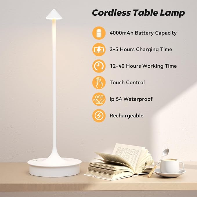 Set of 2 Cordless Table Lamp Rechargeable, Battery Operated Desk Lamp, 4000mAh LED Touch Lamp, Dimmable Portable Outdoor Waterproof Wireless Table Light for Restaurants/Bars/Outdoor(White)