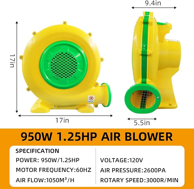 Air Blower, QILEBA Powerful Bounce House Blower for Inflatables, Portable Inflatable Bubble House Blower Fan Pump for Spray Booth, Bouncy Castle, Jumper, Water Slid, Blower Corded (950W)