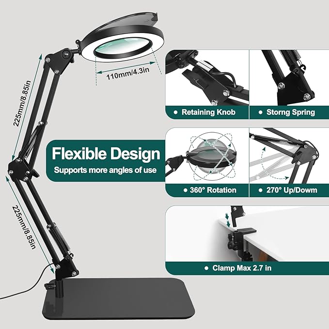 5X Magnifying Glass with Light and Stand, NAKOOS 3-in-1 Magnifying Lamp with Light, 3 Lightings Dimmable Magnifier with Anti-dust Cover and Timer, Soldering Magnifying Glass for DIY Close Work