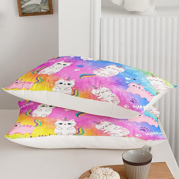 Axolotl Cat Bedding Full Cartoon Cat Comforter Set,Rainbow Printed Kids Bedding Set for Girls Kids Adults Teens,Kids Comforter Set All Season,1 Quilt 2 Pillow Cases,Colorful Pink Blue