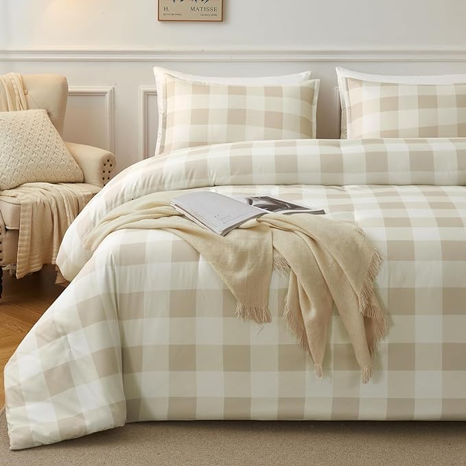 Andency Beige Grid King Size Comforter Set (104x90 Inch), 3 Pieces(1 Grid Comforter and 2 Pillowcases), Summer Lightweight Microfiber Down Alternative Beige Comforter