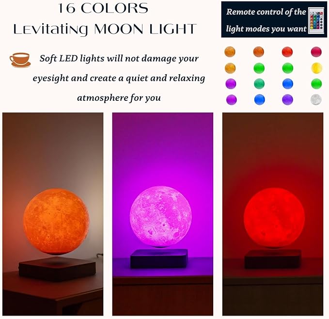 Floating Moon Lamp 16 Colors Magnetic Levitating Moon Light, Great Gift for Family, Kids and Lover for Birthdays, Valentine's Day, Anniversary（Dark Brown Base