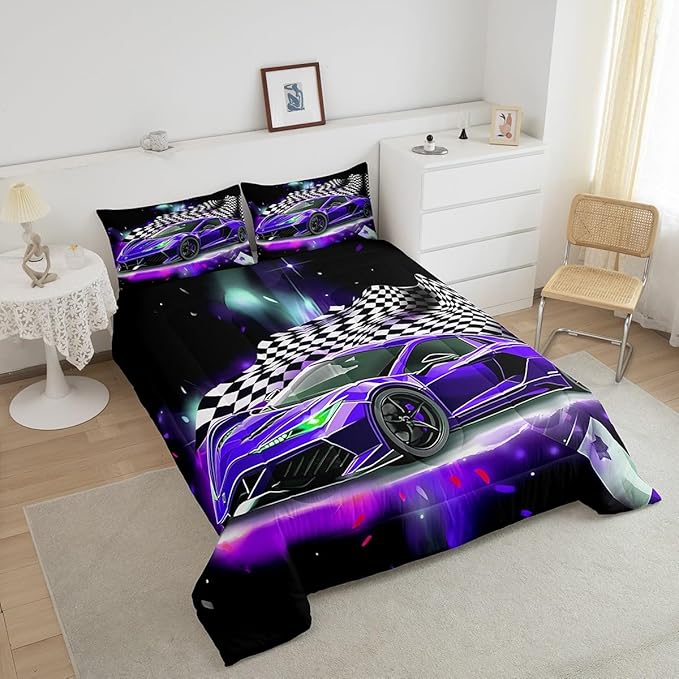 Purple Race Car Comforter Set Full Size, Black White Lattice Bedding Set 2pcs for Kids Boys Teens Room Decor,Extreme Sport Games Quilt Set,Cool Modern Duvet Insert with 2 Pillowcases