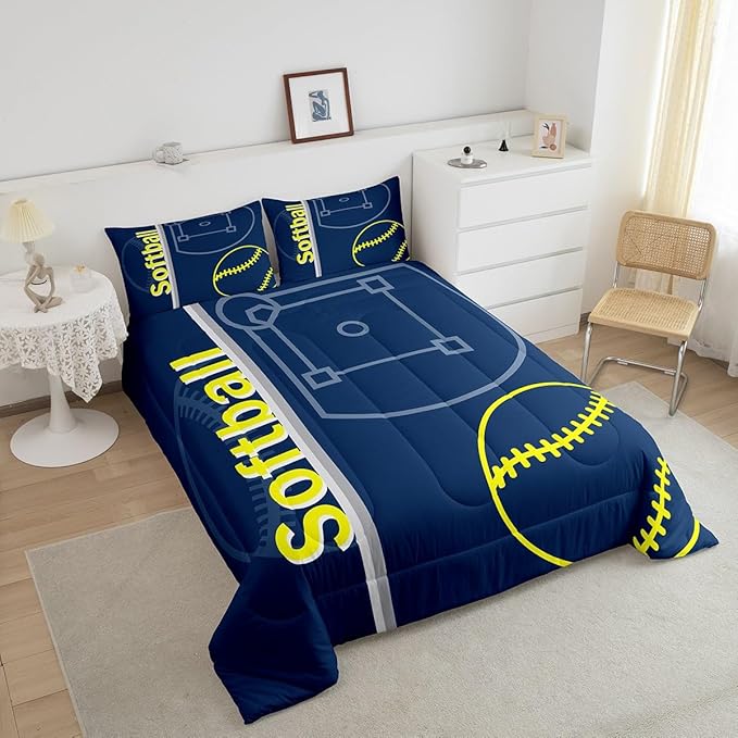 Feelyou Kids Softball Comforter Set Queen Size Sports Game Bedding Set for Boys Girls Teens Bedroom Decor Baseball Comforter Women Men Softball Gaming Duvet Set with 2 Pillow Case