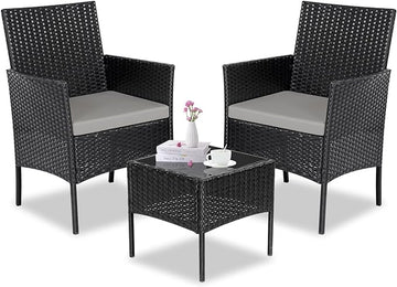 Patio Set 3 Piece Outdoor Rattan Porch Furniture with Tempered Glass Side Table & Cushion All Weather Conversation Bistro Set for Balcony,Deck,Porch (Brown/Beige)