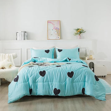 Heart Pattern Girls Comforter Set Twin Size, Light Blue Cute Love Print Comforter Bedding Set, Soft Microfiber Comforter Set with Pillowsham