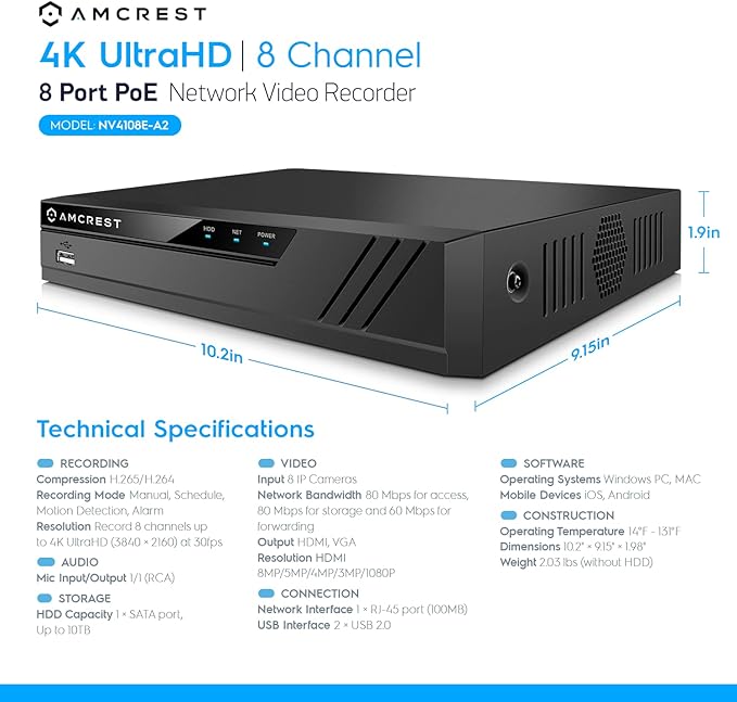 Amcrest NV4108E-A2 4K 8CH POE NVR (1080p/3MP/4MP/5MP/8MP) POE Network Video Recorder - Supports up to 8 x 8MP/4K IP Cameras, 8-Channel Power Over Ethernet Pre-Installed 1TB Hard Drive (NV4108E-1TB)