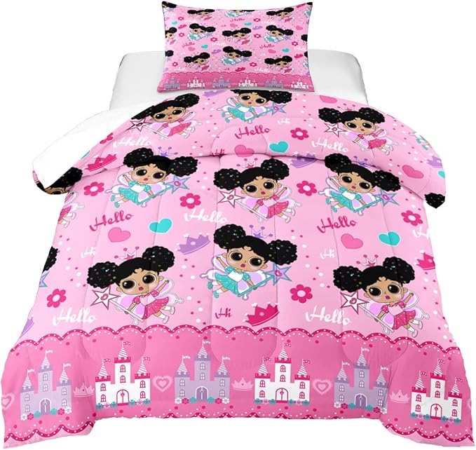 Girl Comforter Set Twin Size, Black Girl Comforter Set, African American Little Girl Twin Comforter Sets Decor for Girls Bedroom 2 Piece Pink Twin Quilt Set with 1 Comforter 1 Pillowcases