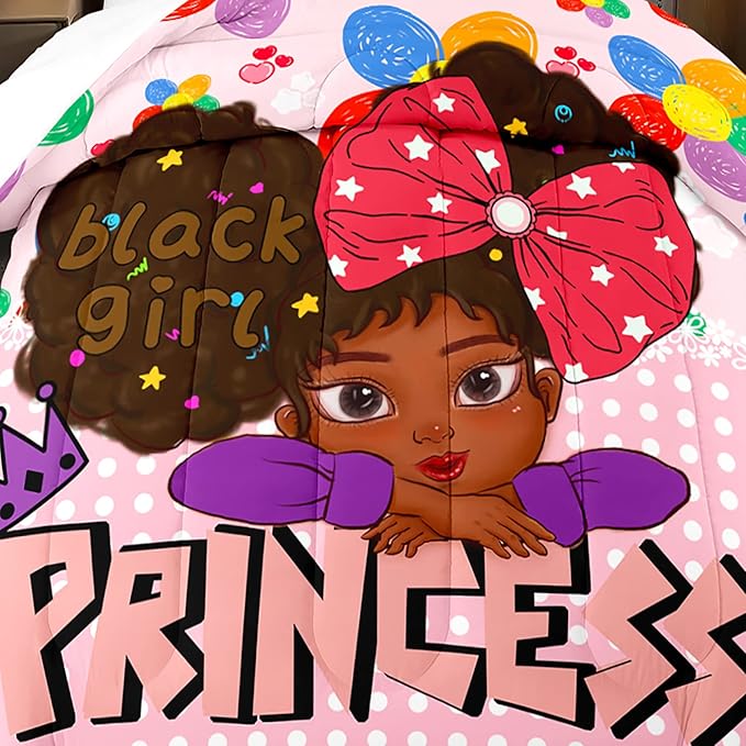 Black Girl Full Size Comforter Sets for Girls, African Black Girl Full Size Comforter Sets Girls Room Cute Full Size Comforter Set Pink Princess Full Size Bedding Set, Full (1 Comforter 2 Pillowcases)