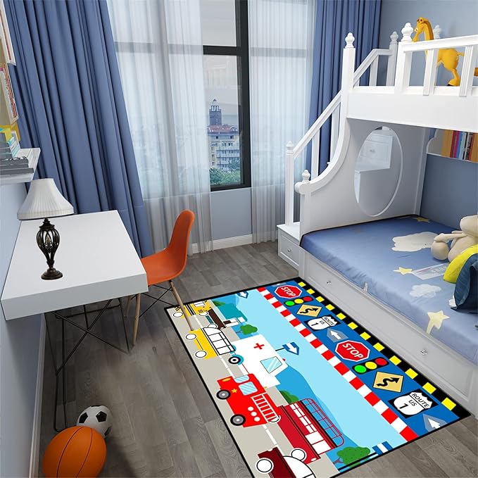 Cartoon Ambulance Car Area Rug Car Carpet for Kids Play Rug for Cars and Trucks Car Rug Play Mat Car Track Rug Truck Rugs for Boys Room Rugs for Boys Bedroom,Light Blue 4'×5'