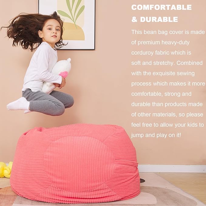 Stuffed Animal Storage Bean Bag Chair Cover for Kids, 38" Beanbag Chairs Cover Plush Toys Organizer Super Soft Corduroy with Handle and Zipper for Boys and Girls - Pink