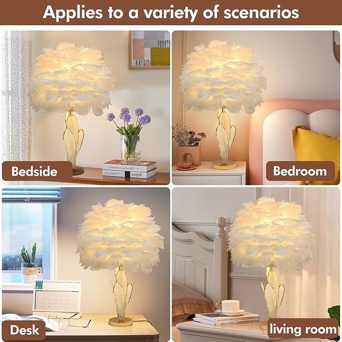 ZYLEIESENBAO Feather Desk Lamp Creative Girls Bedroom Decoration Lamp Modern White Feather Table Bedside Lamp Cute 12'' for Living Room Wedding Childrens Room