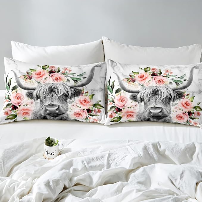 Erosebridal Highland Cow Flower Comforter Set King Size Bull Cattle Bedding Set Western Funny Animal Bedding Set Wildlife Farmhouse Cow Quilt Set Rose Grey Marble Comforter Set