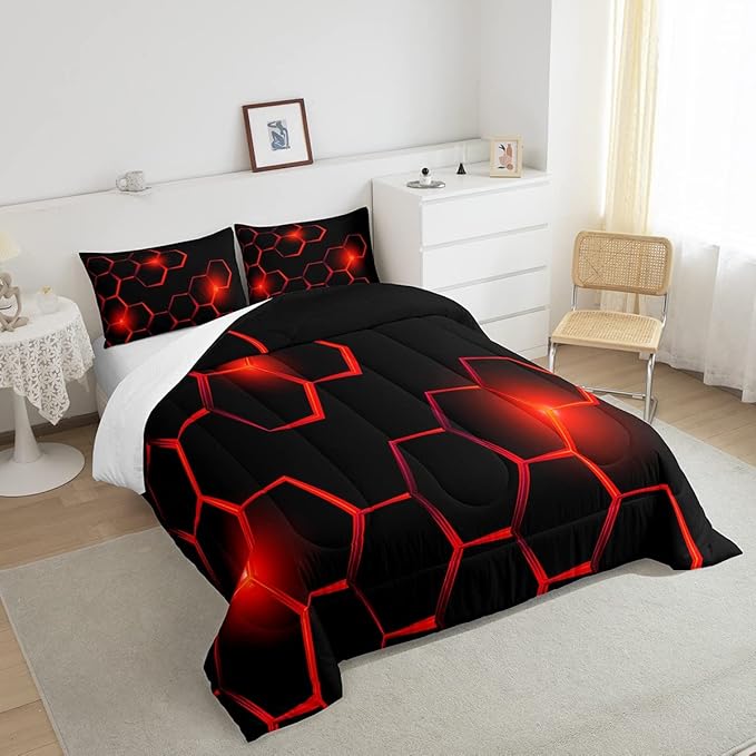 Honeycomb Kids Comforter Set Modern Geometry Hexagon Bedding Set for Boys Children Teens Bedroom Decor Geometrical Comforter Beehive Geometric Black Red Duvet Set Queen Size with 3 Pillow Case
