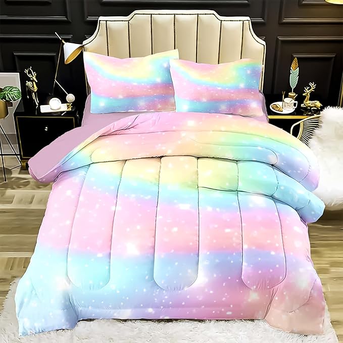Kids Comforter Bedding Set 5 Piece Super Soft Breathable Print Kids Bedding Sets for Girls, Washable Durable Comforter Set with Comforter, Shams, Sheet, 2 Pillowcases (Gradient Color)