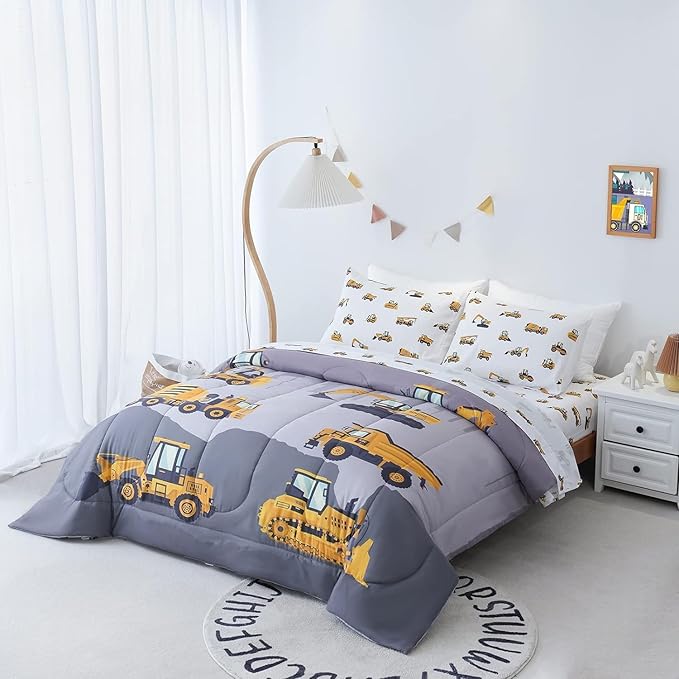 Full Size Comforter Set for Boys, 4-Piece Bed in a Bag, 3D Construction Bedding Comforter Sheet Set, Ultra Soft and Fluffy, Cartoon Truck Cars
