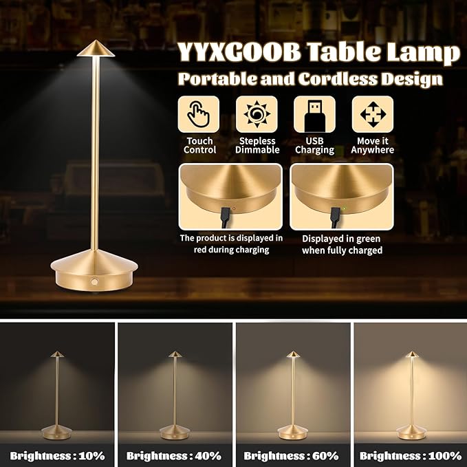 Rechargeable Battery Operated Desk Lamp with Touch Sensor Cordless Portable LED Table Lamp， Three-Level Dimmable Suitable for Bars/Cafes/Restaurants/Bedrooms/Camping Sites (Gold)