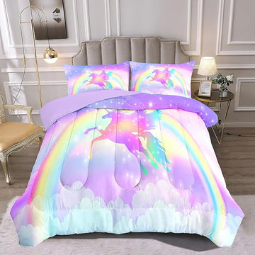 Kids Comforter Bedding Set 3 Pieces Super Soft Breathable Print Kids Bedding Sets for Girls, Machine Washable Durable Comforter Set with Comforter, 2 Pillowcases Rainbow(Twin, Purple Unicorn)