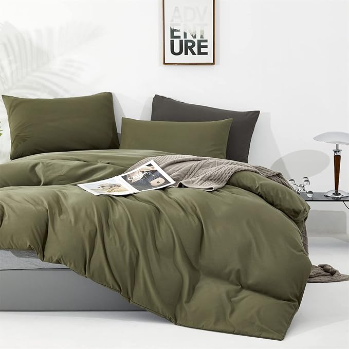 Olive Green Comforter Set Queen Size Solid Green Comforter 3 Pieces Soft Dark Green Queen Comforter Bedding Set Women Pure Olive Green Queen Bed Comforter Set for All Season as Gift