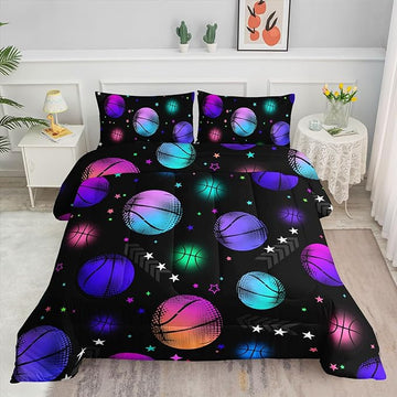 Datura home Kids Comforter Set Glowing Basketball Printed Pattern Bedding Set with 1 Comforter and 2 Pillowcases for Girls Boys Bedroom All Season(Basketball1 Full)