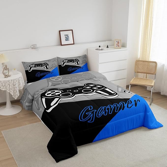 Feelyou Gaming Comforter for Boys Teen Video Game Bedding Set for Kids Gamer Comforter for All Season Gamepad Home Decor for Comforter Set Queen Size,1 Comforter with 2 Pillowcases Blue Black Grey