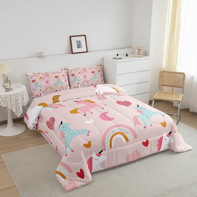 Feelyou Girls Unicorn Comforter Set Queen Size Kids Cute Pink Rainbow Horse Decor Comforter for Unicorn Lover Daughter Bedding Set Boho Star Moon Duvet Set (1 Comforter + 2 Pillowcases, Queen)