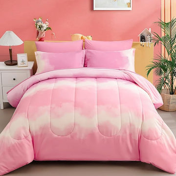 Dinjoy Girls Comforter Set Twin Size Colorful Rainbow Ombre Pink Bedding Set Gradient Soft Lightweight 6 Pieces Bed in A Bag for Kids Teen Women(1 Comforter, 1 Flat Sheet, 1 Fitted Sheet)