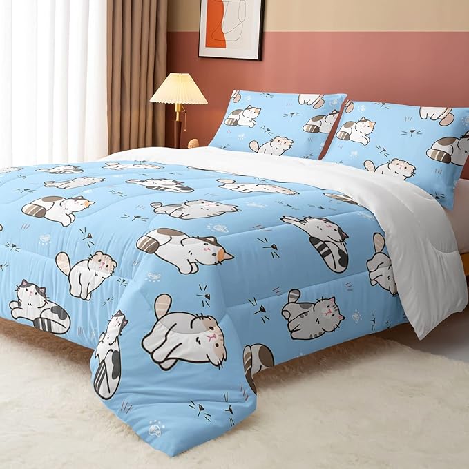 Datura home Blue Kawaii Cat Comforter Bedding Set for Girls Lovely Kitten Print Cute Animal Pattern with 1 and 2 Pillowcases Bedroom All Season(Cat Full), Full 80x90inches