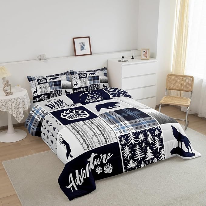 Deer Bear Kids Comforter Set Queen Size,Wolf Hunting Adventure Rustic Bedding Set for Boys Girls Adults Room Decor,Geometric Plaids Patchwork Down Comforter,Blue Xmas Duvet Insert,2 Pillowcases