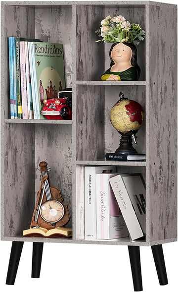 5 Cube Small Bookshelf,3 Tier Mid-Century Modern Bookcase with Legs,Wood Bookshelves Storage Organizer Shelf,Free Standing Narrow Book Shelves,Rustic Grey Corner Bookcases for Bedroom,Living Room