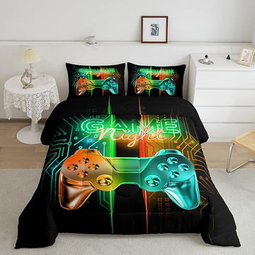 Feelyou Gamer Comforter Kids Gaming Video Game Comforter Set for Boys Teens Noverlty Modern Gamepad Bedding Set Breathable Gamer Console Bedding Duvet Set Bright Orange Green Room Decor Twin Size