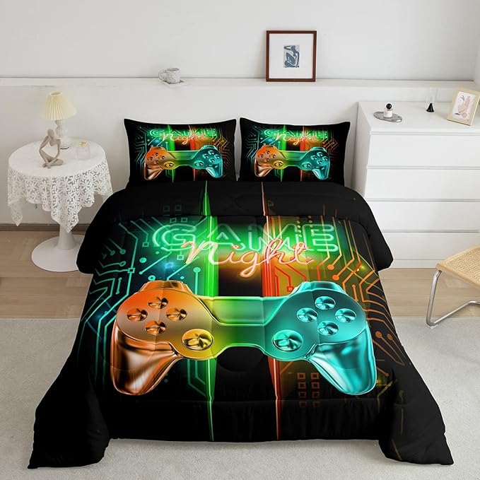 Gamer Comforter Kids Gaming Video Game Comforter Set for Boys Teens Noverlty Modern Gamepad Bedding Set Breathable Gamer Console Bedding Duvet Set Bright Orange Green Room Decor Full Size