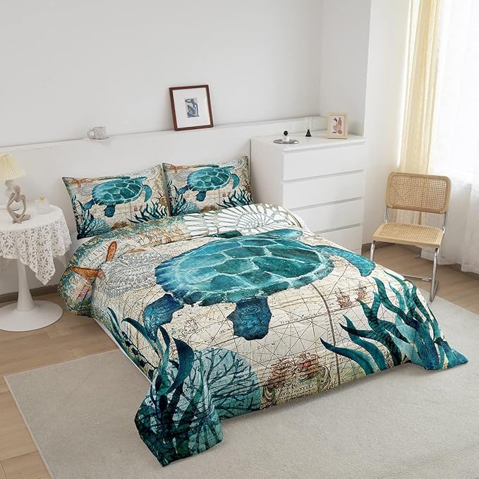 Turtle Bedding Teal Turtle Comforter Set Turquoise Ocean Themed Mediterranean Style Printed Design Ocean Turtle Down Comforter Quilted Duvet Set Full Size 1 Comforter 2 Pillowcases (Full, Turtle)