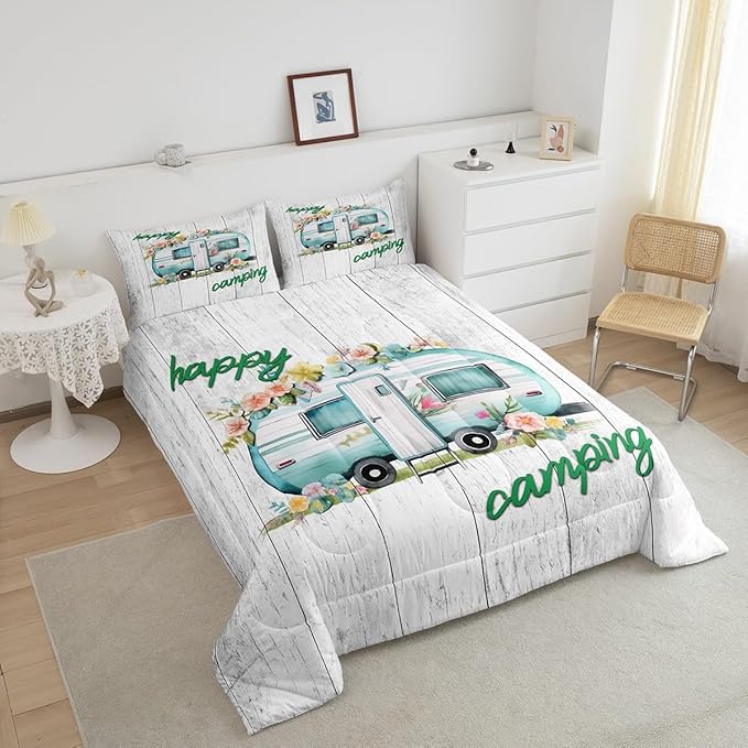 Girls Camper Comforter Set Camping Car Floral Down Comforter Twin Size Rustic Farmhouse Theme Bedding Set Camping Decor Retro Chic Flower Quilted Duvet Old Barn Door Vintage Wooden Style Duvet Set