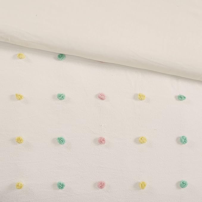 Duvet Cotton Jacquard Weave Colorful Poms Accent, Shabby Chic Cover for Comforter Cozy Bedding Set, Matching Shams, Decorative Pillows, Full/Queen, Multi, Twin/Twin XL, 4 Piece