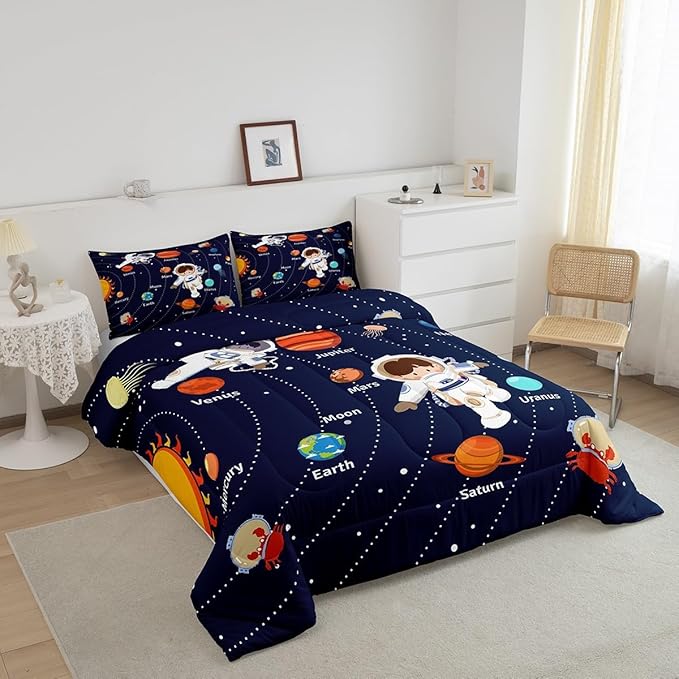 Feelyou Solar System Comforter Set Queen Size Outer Space Comforter for Kids Teens Adults Universe Planets Bedding Set Cute Astronaut Blue Duvet Set Room Decor 3Pcs with 2 Pillow Case