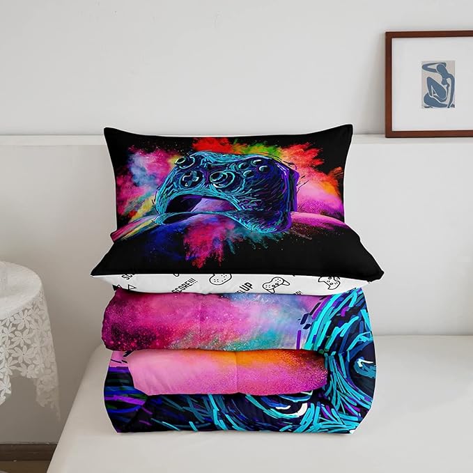 Erosebridal Teen Boys Gaming Full Size Comforter Sets Kids Gamer Bedding Set Girls Colorful Tie Dye Down Comforter Video Game Room Deocr Bed Set Navy Blue Gamepad Bedding Quilt with 2 Pillow Cases