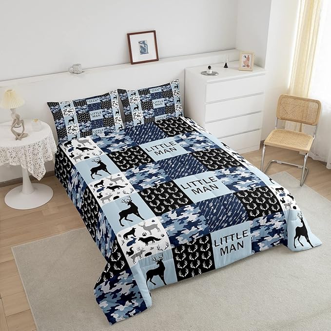 Manfei Camo Deer Antlers Comforter Set Full, Geometric Checks Patchwork Bedding 3pcs for Room Decor, Boho Arrow Animals Quilt Set, Blue Xmas Duvet Insert with 2 Pillowcases (WWS10844GYY-BZ_USf)