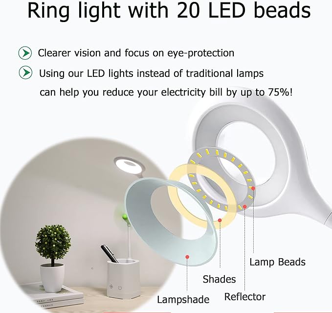 Led Desk Lamps, Small Cute Desk Lamp with 3 Lighting Modes, Modern Desk Ring Night Light with Pen Holder and Green Mini Fan for Home Office Bedroom