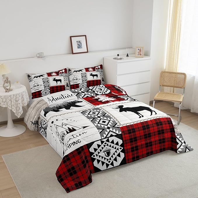 Deer Antlers Bear Kids Comforter Set King Size,Plaids Aztec Arrows Patchwork Bedding Set for Boys Girls Adults Room Decor,Rustic Adventure Xmas Down Comforter,Red Retro Duvet Insert,2 Pillowcases