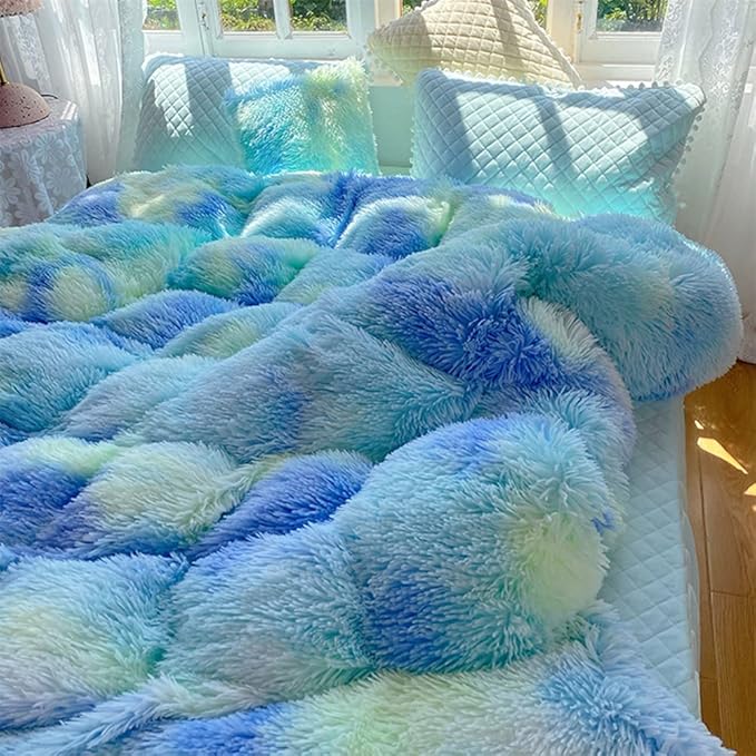 Faux Fur Kids Girls Green Rainbow Comforter Sets Queen - 3PC Bed Set Warm Comfortable Soft Plush Flannel Velvet Fluffy Fuzzy Bedding（Comforter x 1 Pillowcases x 2）