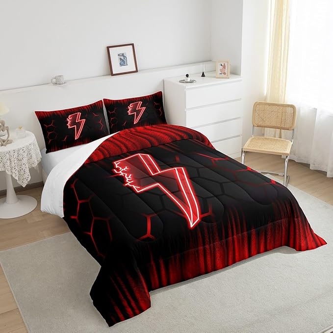 Feelyou Game Flash Bedding Set King Size Boys Girls Ombre Comforter Set for Kids Honeycomb Comforter Red Black Duvet Set Room Decor Quilt Set