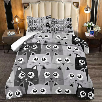Cartoon Cat Bedding Set - 3Pcs Cute Cat Comforter Set for Bedroom Kids Boys Girls Cat Bedding Decor for All-Season Kawaii Kitten Pattern Lovely Animal 1 Cat Comforter with 2 Pillowcases, Full Size