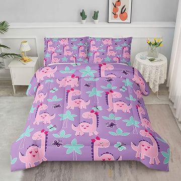 Axolotl Cute Dinosaur Comforter Set Twin Size,Girls Bedding Cartoon Dinosaur Bedding Set for Girls Teens Kids Boys Adults Room Decor,Kids Comforter Set All Season,1 Quilt 2 Pillow Cases,Purple