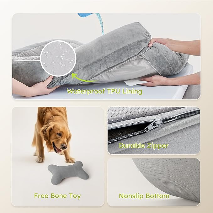 Dog Beds for Large Dogs, Orthopedic Dog Bed with Cooling Gel Memory Foam, Waterproof Large Dog Bed with Removable Washable Cover, 36" Dog Sofa Couch Dutch Velvet with Bone Toy, Light Gray